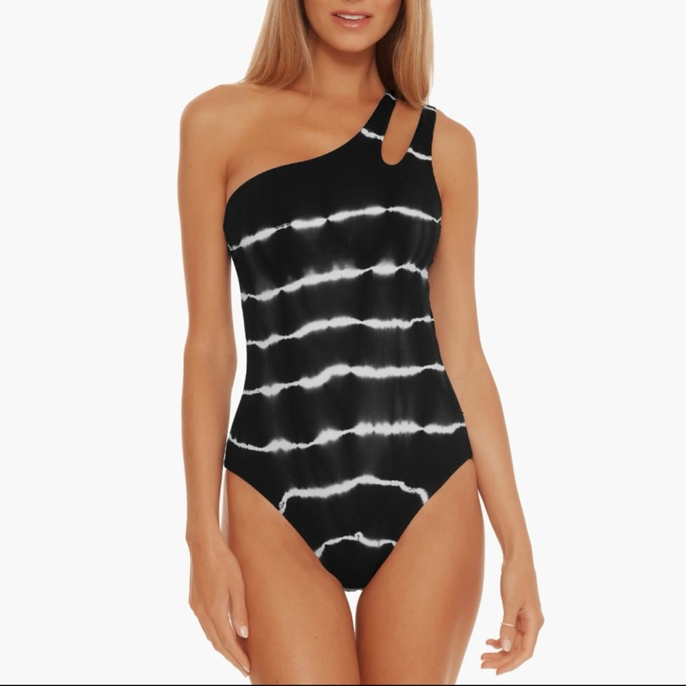 BECCA Black and White One-Shoulder Swim One Piece